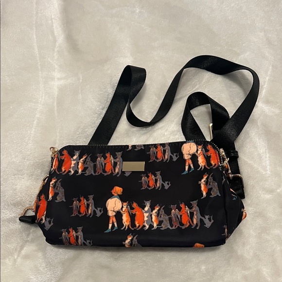 Handbags - Black Crossbody Bag with Orange & Gray Cat Print